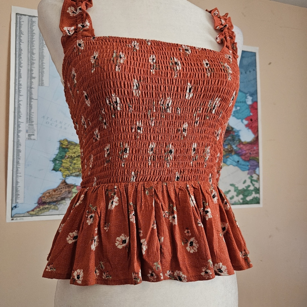 Orange Floral Smocked Flounce-Hem Top - Picture 2 of 7
